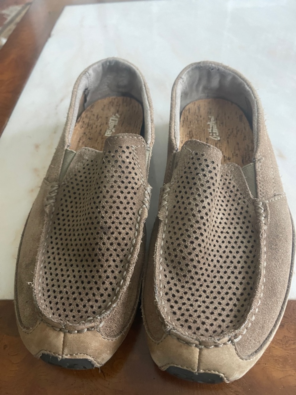 OluKai Men's Perforated Taupe Suede Slip-On Loafers